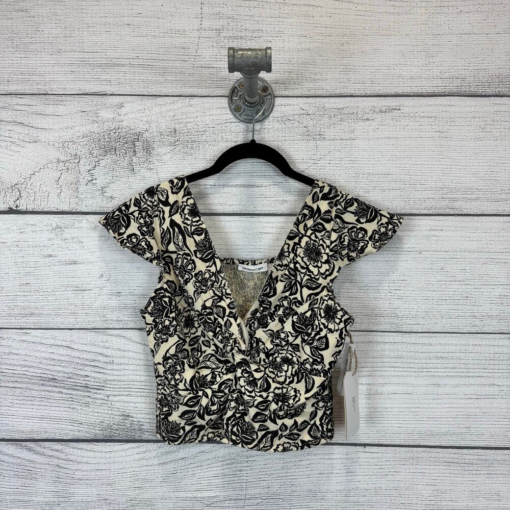 Midnight Sky Women's Cream & Black Linen Blend Floral Top Size Medium